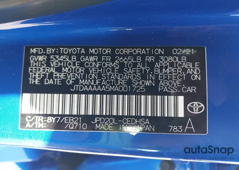2021 Toyota Mirai Limited z USA, uszkodzony, nr VIN JTDAAAAA5MA001725